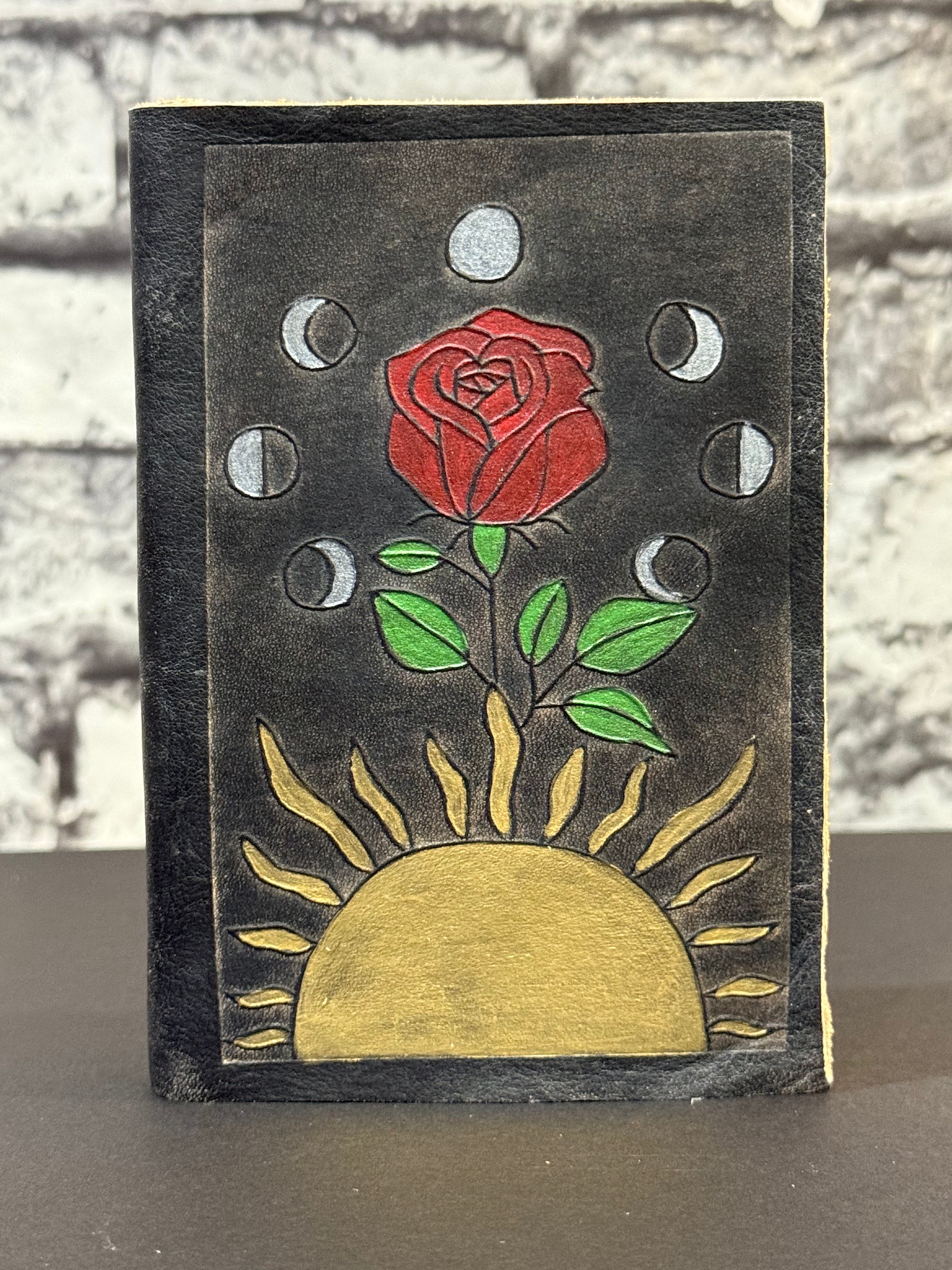 Handmade Leather Journal Sun Moon Rose